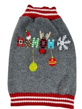 Dog Grey Holiday Knit Sweater  Red Accents